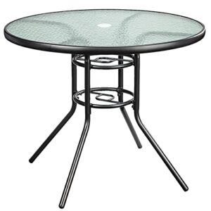 35.4″outdoor bistro table round patio dining table coffee table side table with umbrella hole, outdoor indoor banquet furniture with metal frame and glass top for garden backyard porch lawn deck,black