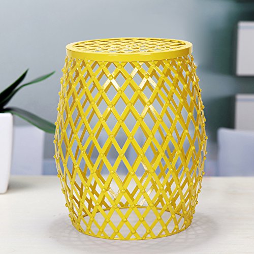 Adeco Hatched Diamond Pattern, for Indoor Outdoor Home Garden Accent Round Iron Metal Stool Side End Table Plant Stand Chair, Yellow