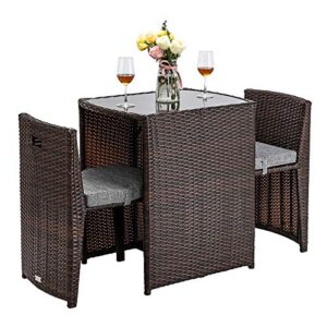 bonnlo 3 pcs wicker outdoor patio bistro set, patio furniture set for small space with glass top table wicker dining chairs, outdoor balcony furniture dining table set for garden yard porch
