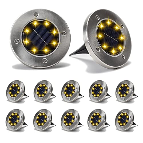 niftynifty Solar Ground Lights Outdoor Waterproof 12 Pack 8 Led Warm Bright Garden Disc Lights Solar Ground Light Powered Lighting Flat Solar Lights for Garden and Landscape Outdoor Inground Lights