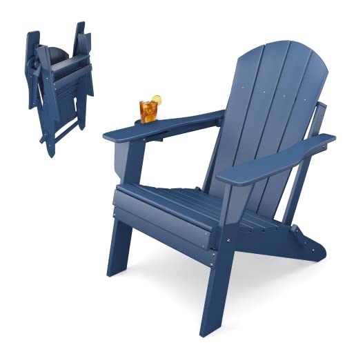 Sleek Space Adirondack Folding Chair for Garden, Patio or Deck - Arm Rests and Cup Holder - Lightweight, Weatherproof - Stylish, Durable Outdoor Furniture for Fire Pit, Beach, Poolside, Porch (Navy)