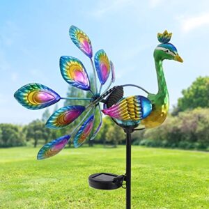 wind spinners for yard and garden – solar peacock wind spinner, metal kinetic garden stake lights wind spinners, outdoor decorative sculpture waterproof lights lawn courtyard garden décor