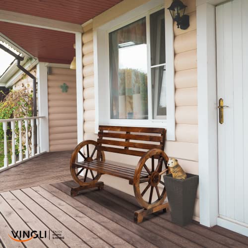 VINGLI Rustic Wooden Wheel Bench, 41" 2-Person Wagon Slatted Seat, Outdoor Patio Furniture, 350lbs High Capacity, Weather Resistance