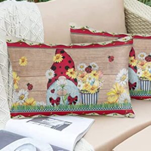 Lumbar Pillow Covers 12 x 20 Inches, Ladybug Gnome Waterproof Pillow Protector Set of 2 Throw Pillowcases Cover, Summer Spring Flroal Wood Board Rectangle Cushion Covers for Patio/Tent/Couch/Garden