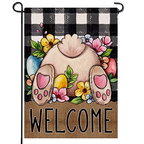 Artofy Welcome Easter Bunny Rabbit Small Decorative Garden Flag, Egg Flowers Farmhouse Yard Lawn Outside Decor, Spring Buffalo Plaid Check Burlap Outdoor Home Decoration Double Sided 12 x 18