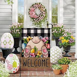 Artofy Welcome Easter Bunny Rabbit Small Decorative Garden Flag, Egg Flowers Farmhouse Yard Lawn Outside Decor, Spring Buffalo Plaid Check Burlap Outdoor Home Decoration Double Sided 12 x 18