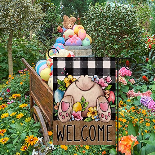 Artofy Welcome Easter Bunny Rabbit Small Decorative Garden Flag, Egg Flowers Farmhouse Yard Lawn Outside Decor, Spring Buffalo Plaid Check Burlap Outdoor Home Decoration Double Sided 12 x 18