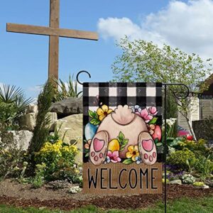 Artofy Welcome Easter Bunny Rabbit Small Decorative Garden Flag, Egg Flowers Farmhouse Yard Lawn Outside Decor, Spring Buffalo Plaid Check Burlap Outdoor Home Decoration Double Sided 12 x 18