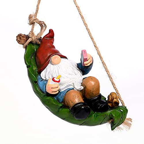 ASAMASA Funny Garden Gnomes Outdoor Hanging Statue, Fairy Garden Swinging Leaf Hammock Gnome Figurine for Lawn Patio Yard Tree Decorations,Adorable Relaxed Gnome