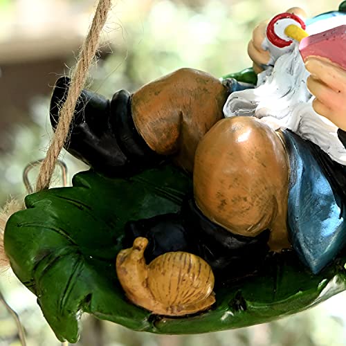 ASAMASA Funny Garden Gnomes Outdoor Hanging Statue, Fairy Garden Swinging Leaf Hammock Gnome Figurine for Lawn Patio Yard Tree Decorations,Adorable Relaxed Gnome