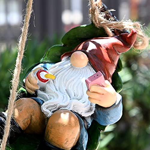 ASAMASA Funny Garden Gnomes Outdoor Hanging Statue, Fairy Garden Swinging Leaf Hammock Gnome Figurine for Lawn Patio Yard Tree Decorations,Adorable Relaxed Gnome