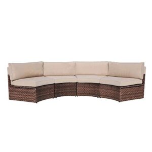 sunsitt 4-piece outdoor half-moon sectional wicker sofa set patio furniture, brown pe rattan and beige cushions