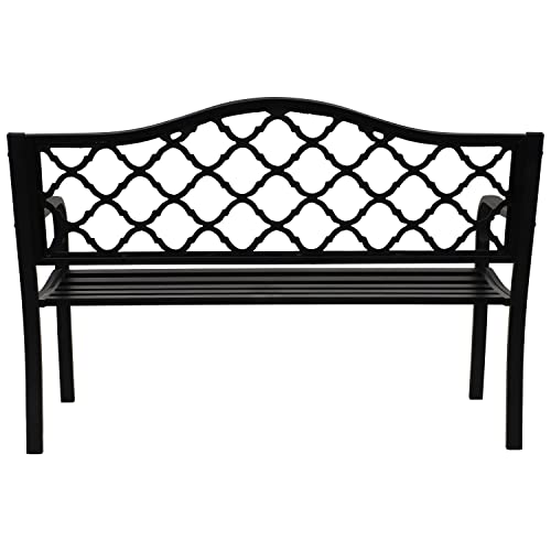 Sunnydaze Outdoor Patio Bench - 2-Person Outside Garden Park Bench Furniture - Durable Cast Iron Metal - Black Lattice Decorative Design - Outdoor Seating for Yard, Porch, Deck, Entryway or Backyard