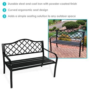 Sunnydaze Outdoor Patio Bench - 2-Person Outside Garden Park Bench Furniture - Durable Cast Iron Metal - Black Lattice Decorative Design - Outdoor Seating for Yard, Porch, Deck, Entryway or Backyard