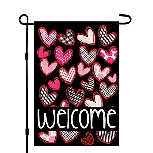 Valentines Day Love Heart Garden Flag 12×18 Inch Burlap Double Sided, Welcome Valentine sign Farmhouse Yard Outdoor Decoration DF176