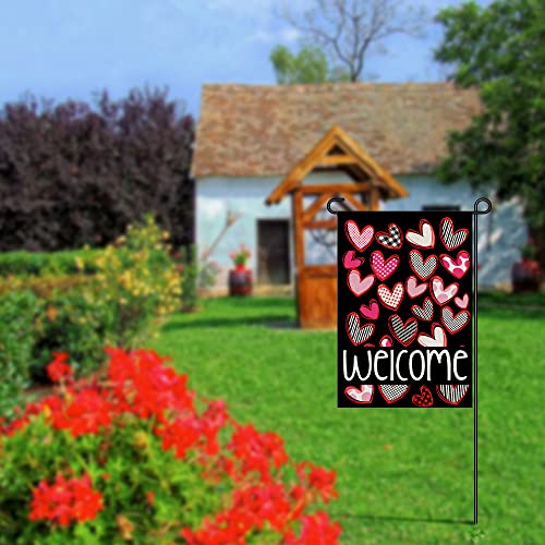 Valentines Day Love Heart Garden Flag 12×18 Inch Burlap Double Sided, Welcome Valentine sign Farmhouse Yard Outdoor Decoration DF176