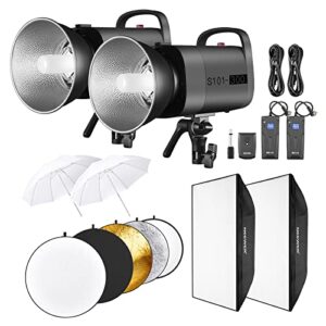 NEEWER 600W Photography Studio Strobe Flash Kit: 2xUpgraded S101-300W 5600K Monolight GN58 with Bowens Mount, 2xSoftbox, 1xRT-16 Trigger, 2xUmbrella, 1xReflector for Portrait Product Photo