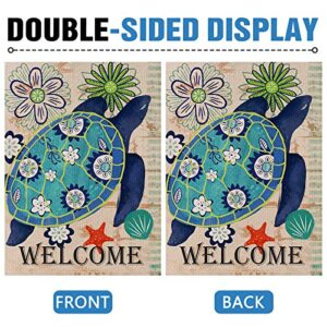 Dyrenson Home Decorative Welcome Quote Outdoor Turtle Beach Garden Flag Double Sided, Tropical Ocean House Yard Flag, Rustic Coastal Garden Yard Nautical Sea Decorations, Seasonal Outdoor Flag 12 x 18