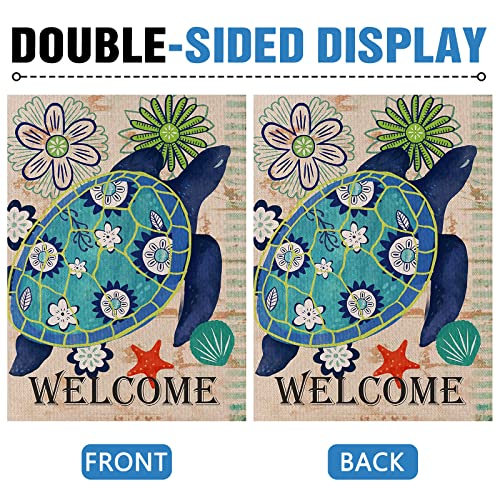 Dyrenson Home Decorative Welcome Quote Outdoor Turtle Beach Garden Flag Double Sided, Tropical Ocean House Yard Flag, Rustic Coastal Garden Yard Nautical Sea Decorations, Seasonal Outdoor Flag 12 x 18