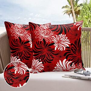 Brawvy Pillow Covers 16x16 inch Outdoor Decorative Waterproof Pillow Covers Spring Flower Red and Black Chrysanthemum Throw Pillowcase Shell for Patio Tent Couch Set of 2