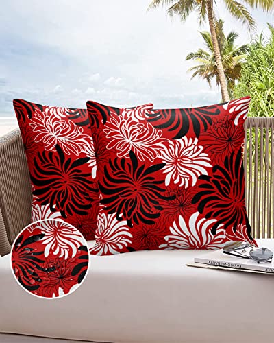 Brawvy Pillow Covers 16x16 inch Outdoor Decorative Waterproof Pillow Covers Spring Flower Red and Black Chrysanthemum Throw Pillowcase Shell for Patio Tent Couch Set of 2