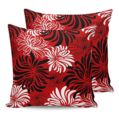 Brawvy Pillow Covers 16x16 inch Outdoor Decorative Waterproof Pillow Covers Spring Flower Red and Black Chrysanthemum Throw Pillowcase Shell for Patio Tent Couch Set of 2