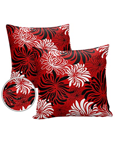 Brawvy Pillow Covers 16x16 inch Outdoor Decorative Waterproof Pillow Covers Spring Flower Red and Black Chrysanthemum Throw Pillowcase Shell for Patio Tent Couch Set of 2