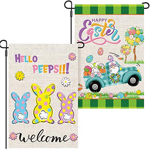 Tatuo 2 Pieces Happy Easter Bunny Gnome Garden Flag Double Sided Easter Bunny Vertical Burlap House Flags Spring Yard Outdoor Decoration Supplies, 18 x 12 Inch