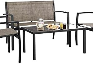 JUMMICO 4 Pieces Patio Furniture Set Modern Conversation Set Outdoor Garden Patio Bistro Set with Glass Coffee Table for Home, Porch, Lawn (Brown)