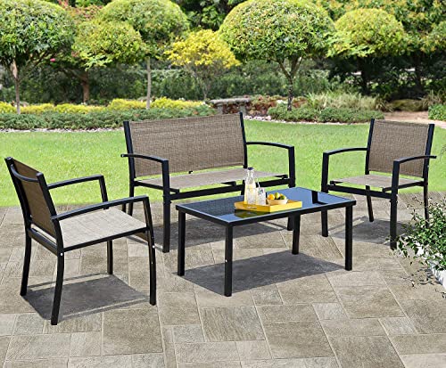 JUMMICO 4 Pieces Patio Furniture Set Modern Conversation Set Outdoor Garden Patio Bistro Set with Glass Coffee Table for Home, Porch, Lawn (Brown)