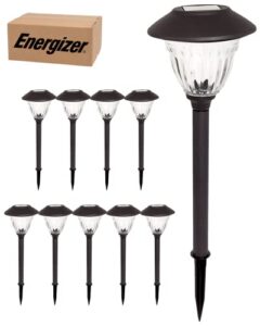 energizer led solar pathway lights – 10 pack of [gunmetal] outdoor solar lights – ip65 waterproof w/auto on/off – patterned glass and metal construction coated in gunmetal