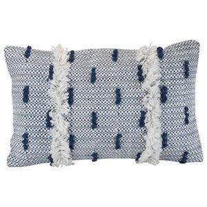 foreside home & garden fipl09778 blue decorative woven 14×22 outdoor throw pillow with hand tufted fringe