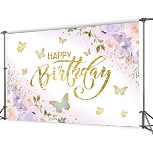 Homewelle Purple Pink Floral Butterfly Happy Birthday Backdrop for Girls 7Wx5H Feet Polyester Fabric Blush Peach Lilac Flowers Gold Birthday Party Decoration Photography Background Photo Shoot Prop