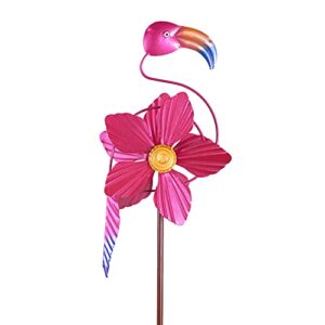 mortime flamingo wind spinner garden stake, 40 inch metal pink flower flamingo windmill outdoor decorative flamingo wind sculpture for spring yard lawn pathway decorations
