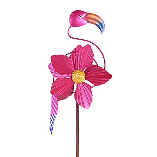 MorTime Flamingo Wind Spinner Garden Stake, 40 Inch Metal Pink Flower Flamingo Windmill Outdoor Decorative Flamingo Wind Sculpture for Spring Yard Lawn Pathway Decorations