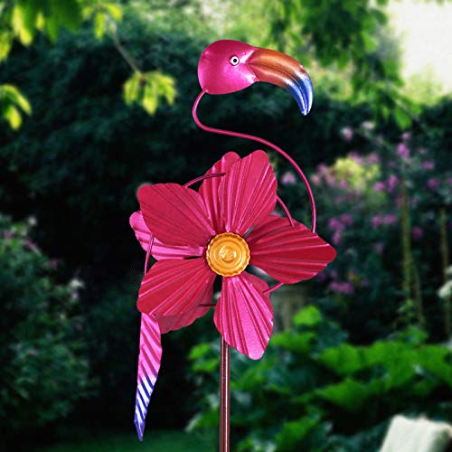 MorTime Flamingo Wind Spinner Garden Stake, 40 Inch Metal Pink Flower Flamingo Windmill Outdoor Decorative Flamingo Wind Sculpture for Spring Yard Lawn Pathway Decorations