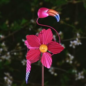 MorTime Flamingo Wind Spinner Garden Stake, 40 Inch Metal Pink Flower Flamingo Windmill Outdoor Decorative Flamingo Wind Sculpture for Spring Yard Lawn Pathway Decorations