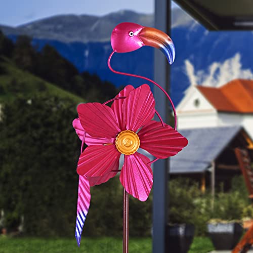 MorTime Flamingo Wind Spinner Garden Stake, 40 Inch Metal Pink Flower Flamingo Windmill Outdoor Decorative Flamingo Wind Sculpture for Spring Yard Lawn Pathway Decorations