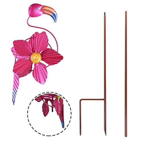 MorTime Flamingo Wind Spinner Garden Stake, 40 Inch Metal Pink Flower Flamingo Windmill Outdoor Decorative Flamingo Wind Sculpture for Spring Yard Lawn Pathway Decorations