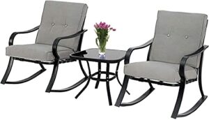 betterland outdoor 3-piece rocking chairs patio bistro sets, glass-top coffee table & black metal ​patio furniture with thickened cushions (grey)