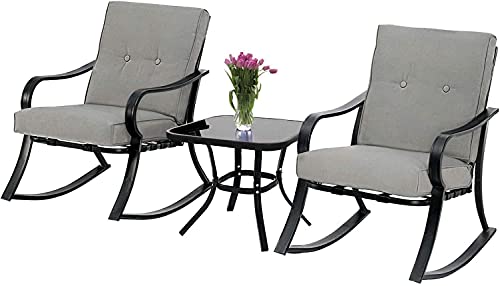 Betterland Outdoor 3-Piece Rocking Chairs Patio Bistro Sets, Glass-Top Coffee Table & Black Metal ​Patio Furniture with Thickened Cushions (Grey)