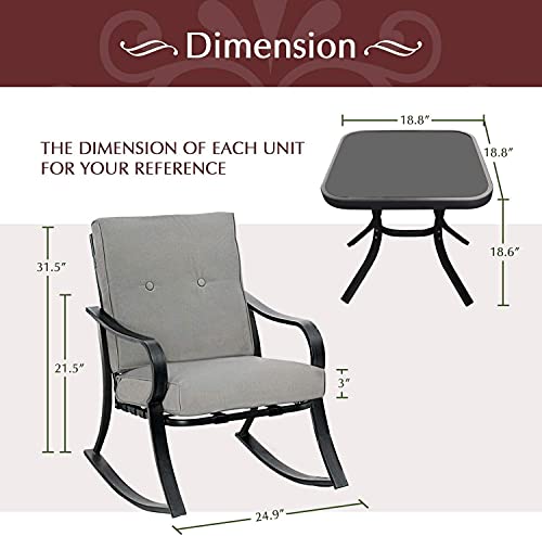 Betterland Outdoor 3-Piece Rocking Chairs Patio Bistro Sets, Glass-Top Coffee Table & Black Metal ​Patio Furniture with Thickened Cushions (Grey)