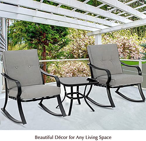 Betterland Outdoor 3-Piece Rocking Chairs Patio Bistro Sets, Glass-Top Coffee Table & Black Metal ​Patio Furniture with Thickened Cushions (Grey)