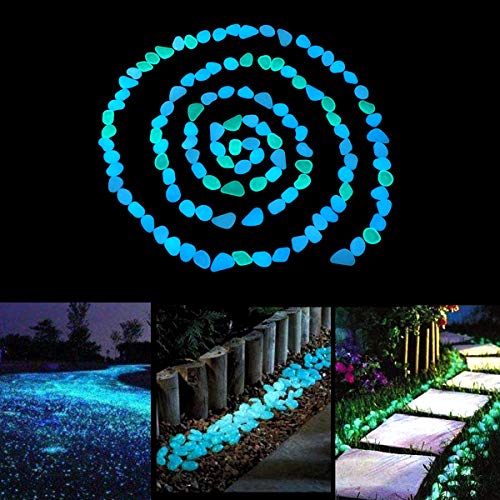 UNIME Glow in The Dark Garden Pebbles Stones Rocks for Yard and Walkways Decor, DIY Decorative Luminous Stones in Blue (200 PCS)