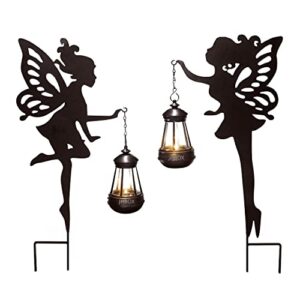 jhbox fairy decor garden statues with solar lanterns, solar outdoor lights decorative with metal ground stakes, solar landscape lights christmas winter holiday decorations ( one pair )