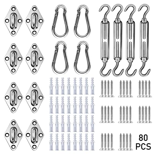 Kawoco 80PCS Sun Shade Hardware Kit, Heavy Duty Anti-Rust Rectangular/Square/Triangle Shade Sails Installation for Sun Shades Outdoor Patio Lawn and Garden