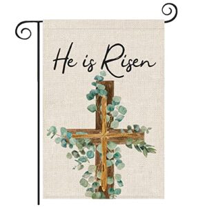he is risen easter garden flag eucalyptus cross (12×18, double sided) christian religious easter yard flag outside outdoor