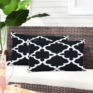 boysum black and white outdoor pillows cover for patio furniture waterproof boho throw pillow covers set of 2 (black flower, 12”x20”)