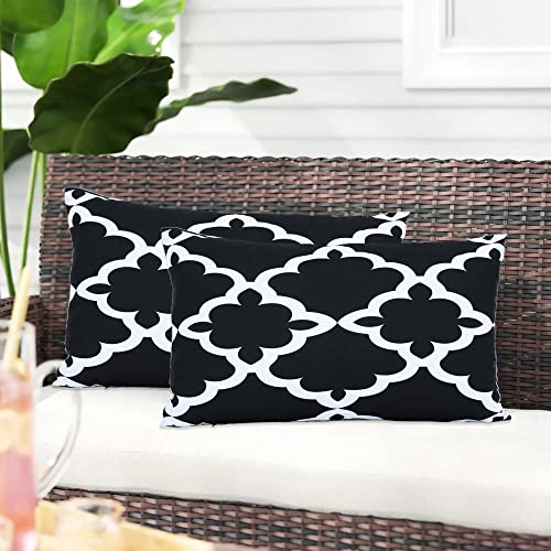 BOYSUM Black and White Outdoor Pillows Cover for Patio Furniture Waterproof Boho Throw Pillow Covers Set of 2 (Black Flower, 12''x20'')