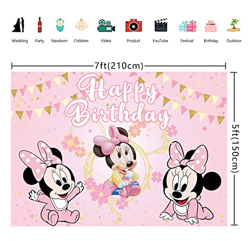 Cartoon Baby Mouse Backdrop Kids 1st 2nd Birthday Pink Mouse Theme Party Photography Backdrop Girls Baby Shower Cake Table Decoration Background (7x5ft)